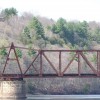 The railroad swing bridge in spring, with leafless hardwoods and dark green White pines on the bluff behind it.